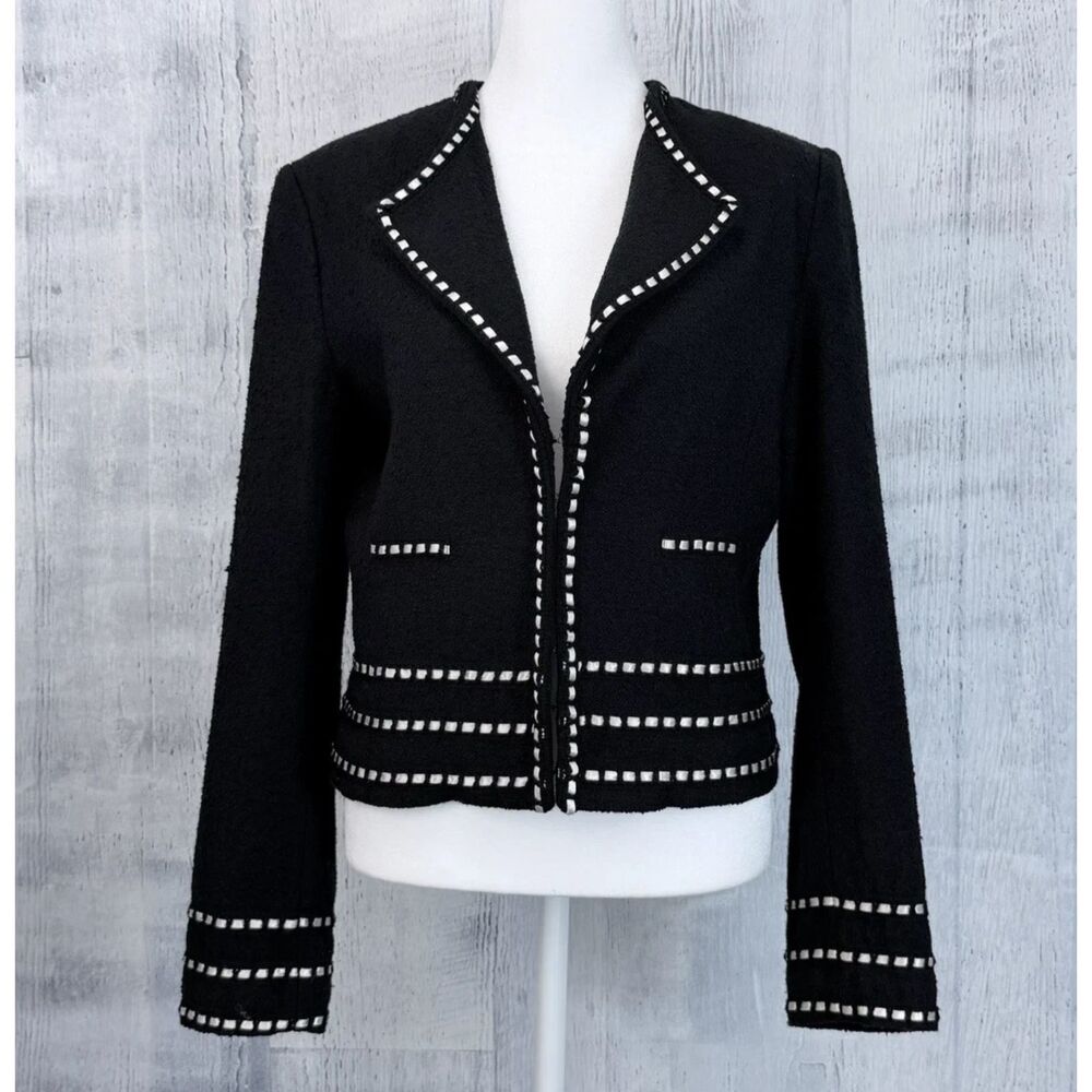 Carole Little Black Blazer Womens M White Whipstitch Trim Silk Blend Jacket